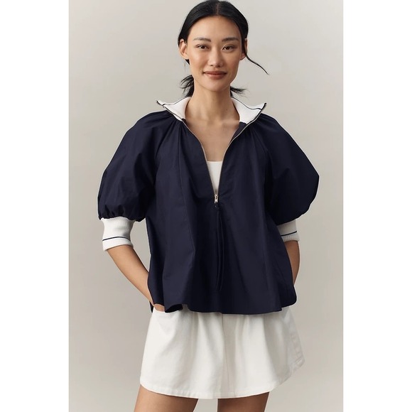 Anthropologie Tops - Anthropologie MAEVE Sporty Henley Swing Top Navy Blue White Half Zip Large